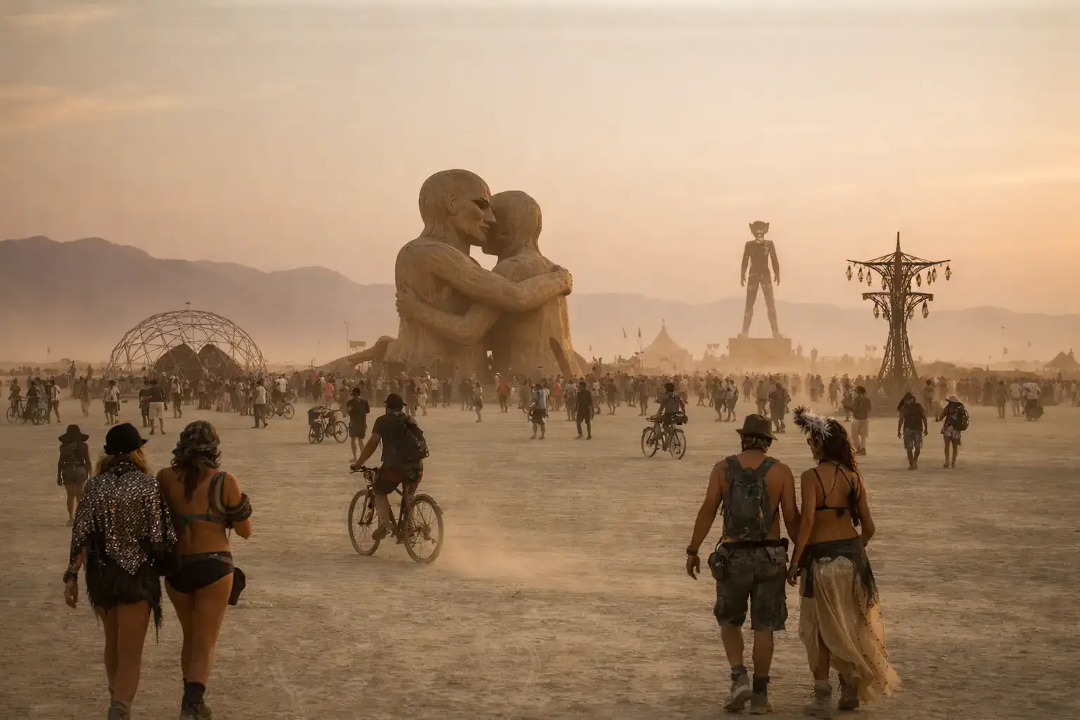 Art installation and cyclists at sunset on the Black Rock Desert playa