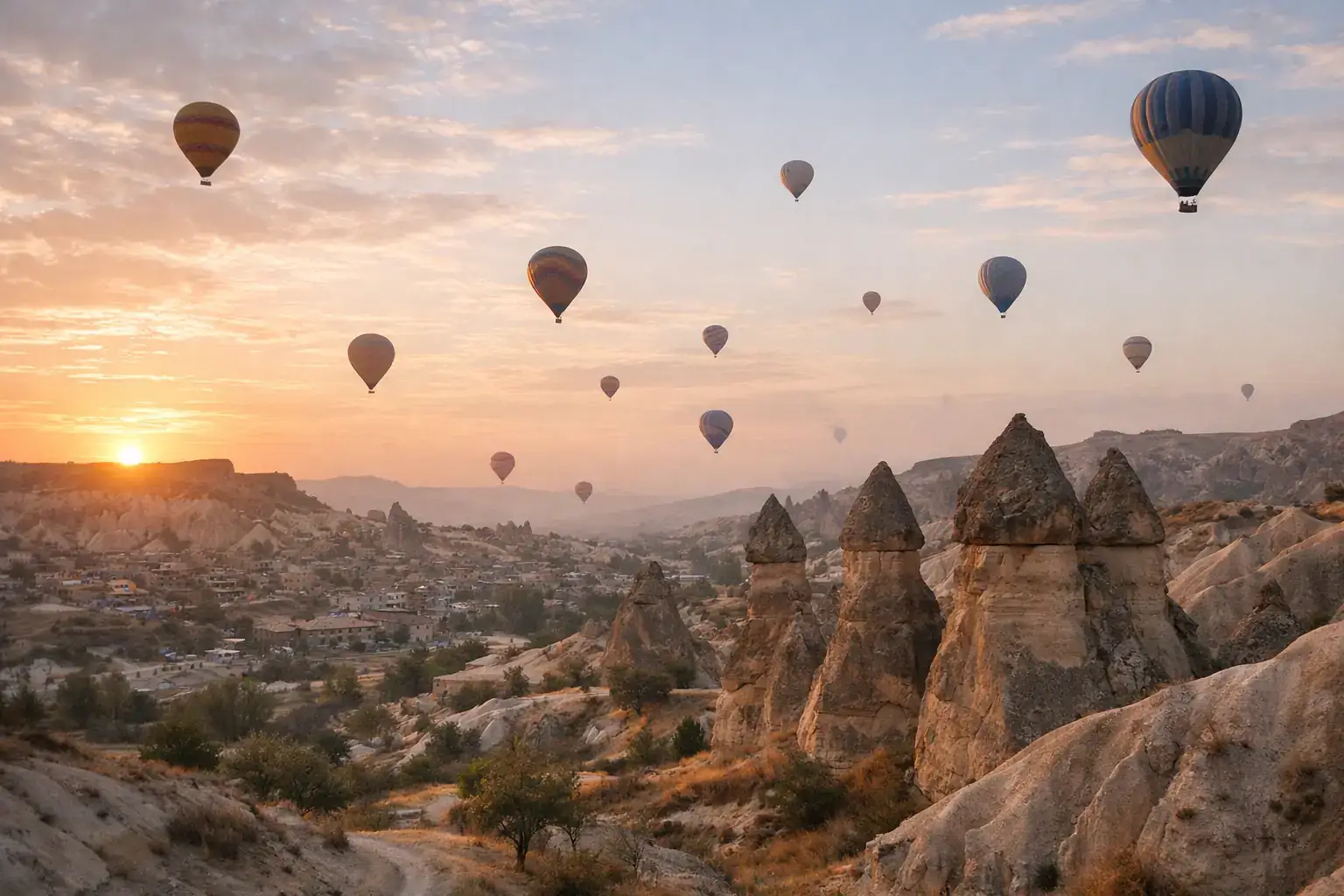 Hot-air balloons rising above Cappadocia rock formations at sunrise