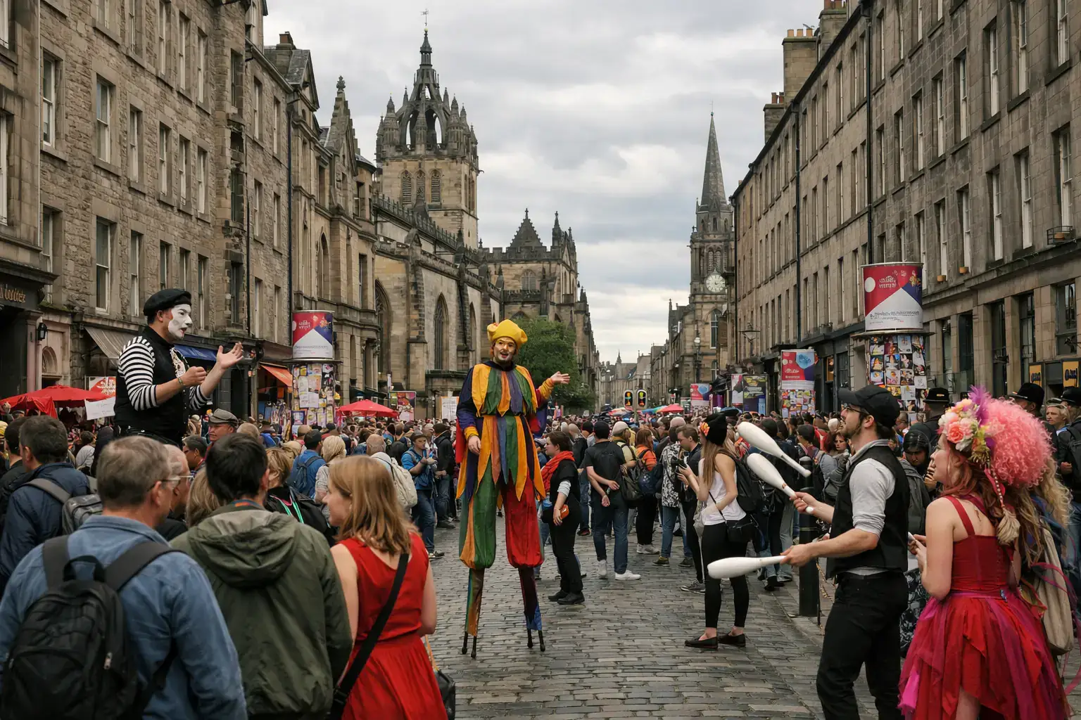 Crowded Edinburgh street with festival posters and performers during Fringe