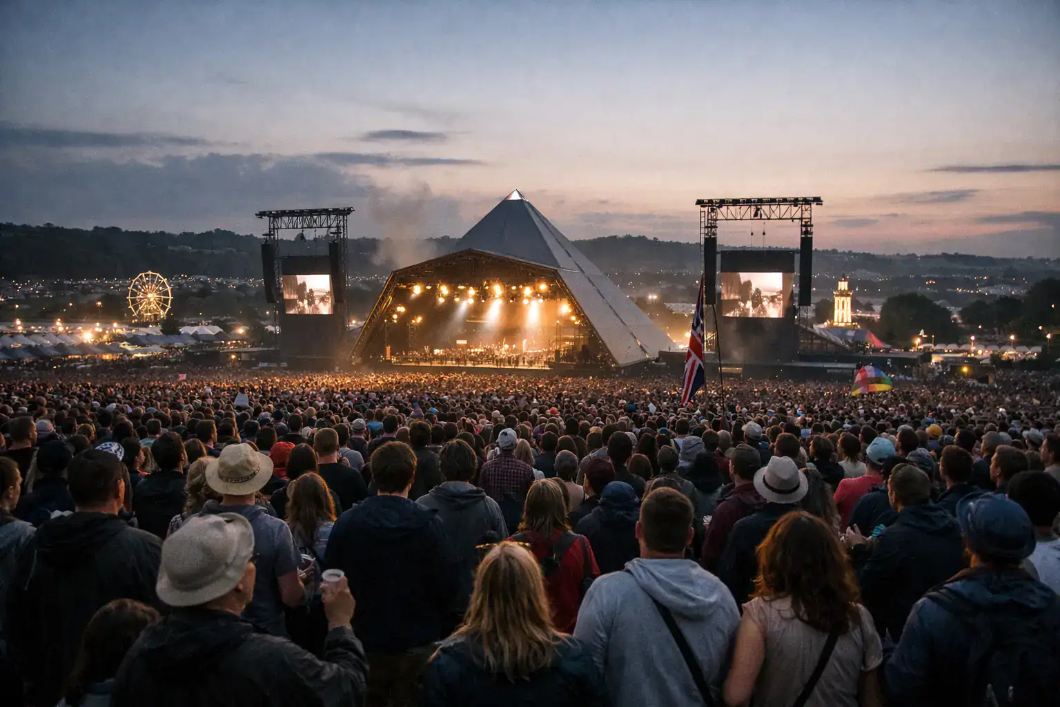 Large outdoor concert crowd facing festival stage at sunset in Somerset