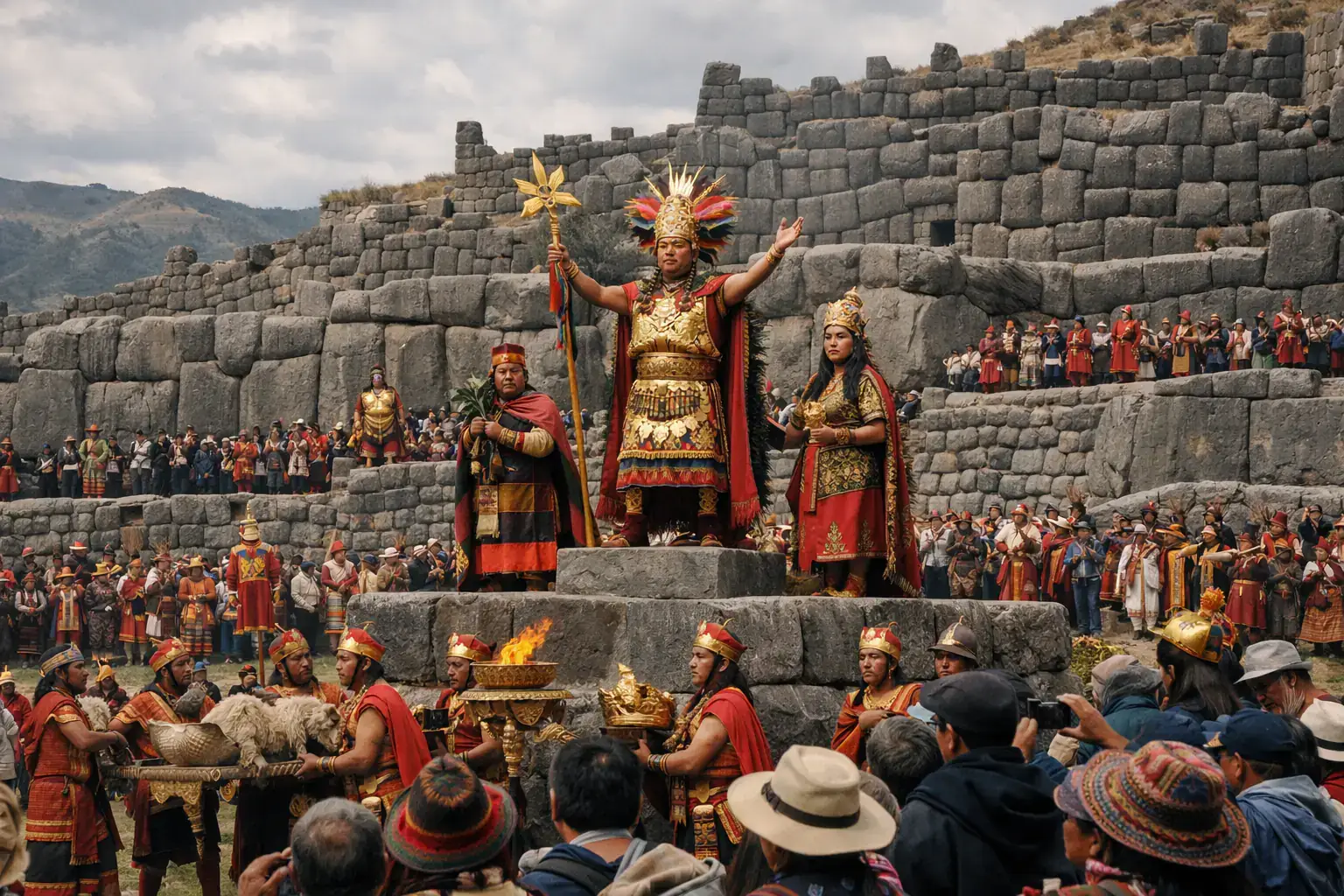 Traditional dancers at Sacsayhuaman fortress during Inti Raymi ceremony
