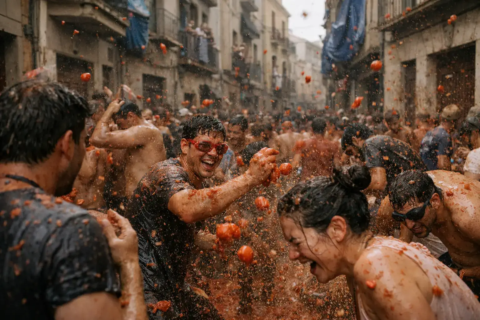 Street crowd covered in tomato pulp during La Tomatina in Bunol