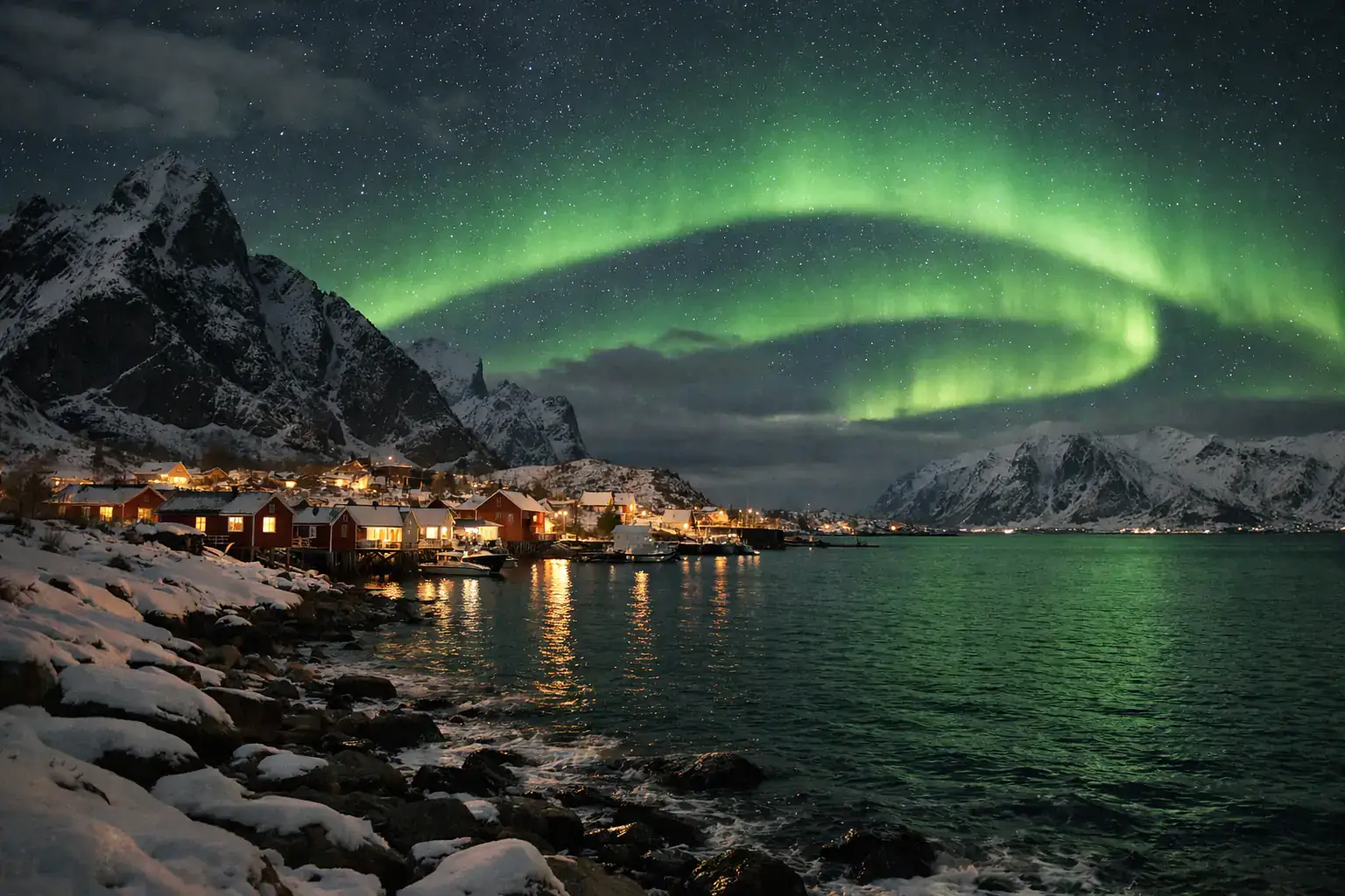 Aurora borealis over snowy Lofoten coastline with a small fishing village