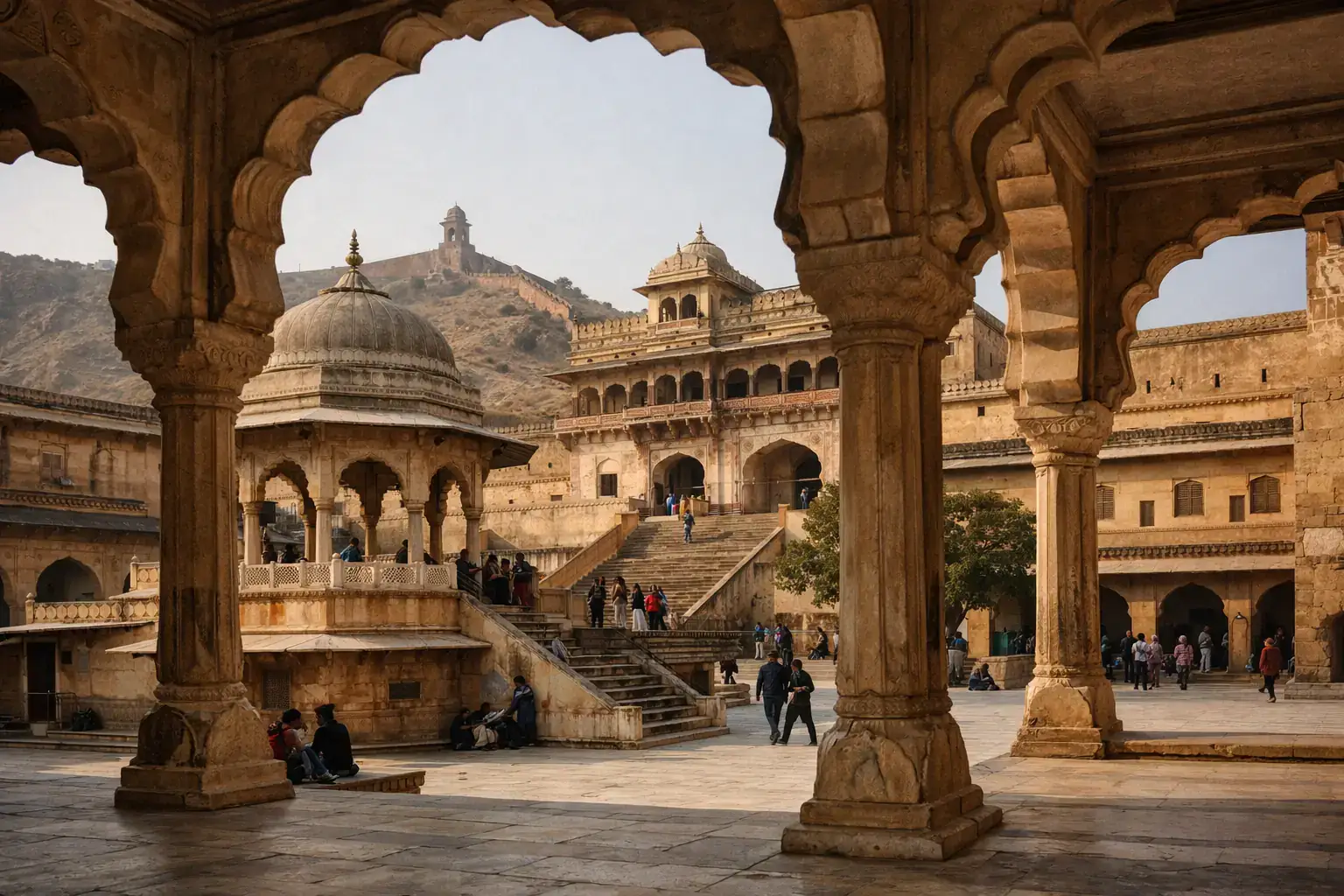 Amber Fort architecture in Jaipur with warm sandstone tones and clear sky