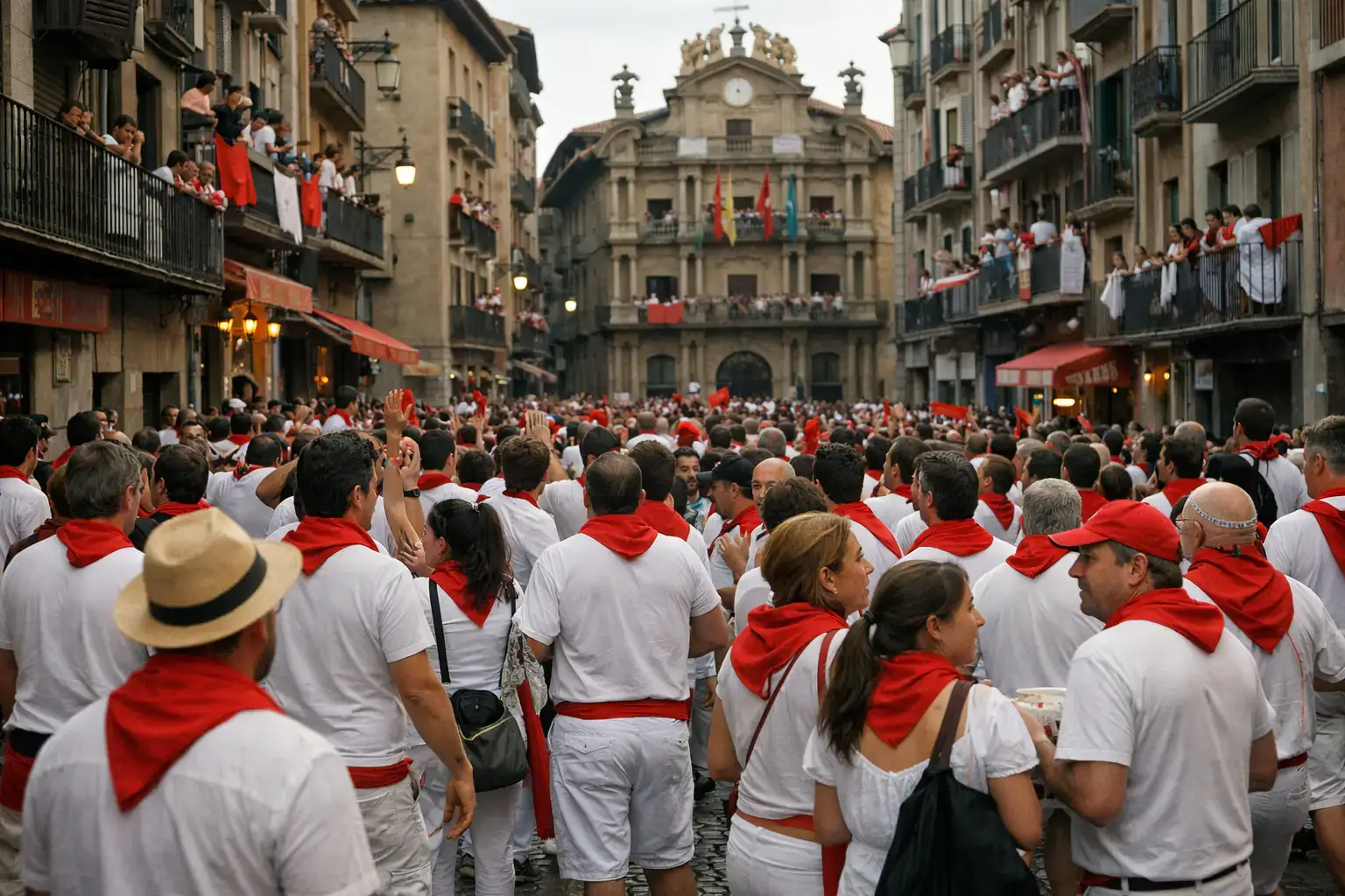 Festival crowd in white and red during San Fermin in Pamplona